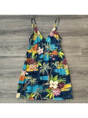 Jams World Dress Women M Blue Hawaii Floral Rayon Sundress Tropical USA Babydoll